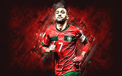 hakim ziyech, team di calcio nazionale del marocco, sfondo del grunge rosso, giocatore di football marocchino, marocco, calcio