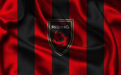 4k, Phoenix Rising FC logo, red black silk fabric, American soccer team, Phoenix Rising FC emblem, USL Championship, Phoenix Rising FC, USA, football, Phoenix Rising FC flag, USL, soccer