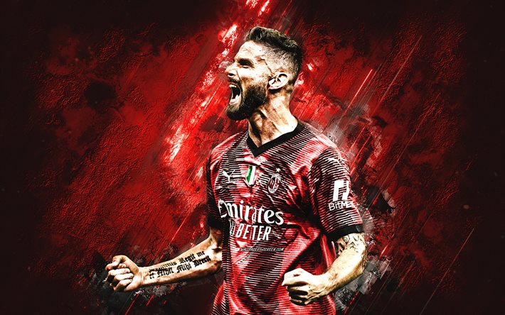 olivier giroud, ac milan, calciatore francese, ritratto, sfondo di pietra rossa, serie a, italia, calcio