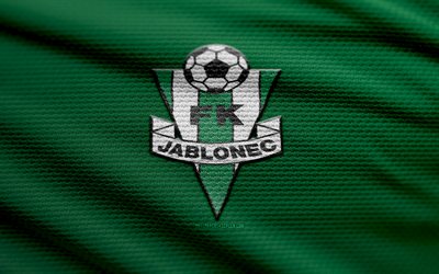 logo fk jablonec fabric, 4k, sfondo in tessuto verde, liga casuale, bokeh, calcio, logo fk jablonec, emblema fk jablonec, repubblica ceca, fk jablonec, cech football club, jablonec fc