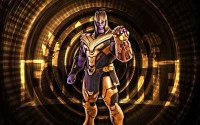 thanos fortnite, 4k, fundo em espiral marrom, fortnite, criativo, pele de thanos, fortnite thanos skin, thanos, personagens fortnite