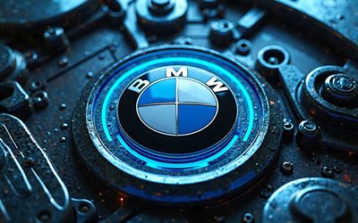 4k, BMW metal logo, bokeh, blue neon lights, metal backgrounds, BMW 3D logo, creative, BMW logo, cars brands, BMW
