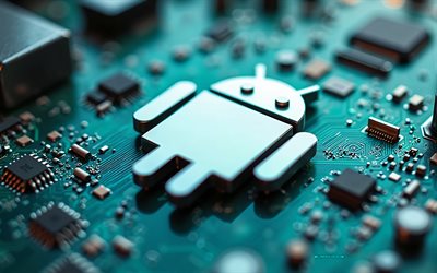 android 3d silver  logotyp, 4k, turkosa moderkort, androidlogotyp, hp emblem, turkos teknikbakgrund, android, bakgrund med android  logotyp, android 3d  logotyp