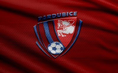 logo fk pardubice fabric, 4k, sfondo in tessuto rosso, liga casuale, bokeh, calcio, logo fk pardubice, emblema di pardubice fk, repubblica ceca, fk pardubice, cech football club, pardubice fc