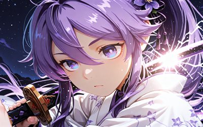 kamui gakupo, 4k, سيف, vocaloid, كيمونو, معركة, نيران النار الأرجواني, شخصيات صوتية, المانجا, عيون البنفسجي, kamui gakupo vocaloid