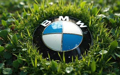 BMW logo, 4k, BMW emblem, nature background, BMW metal logo, BMW sign, 3D art, BMW, German cars
