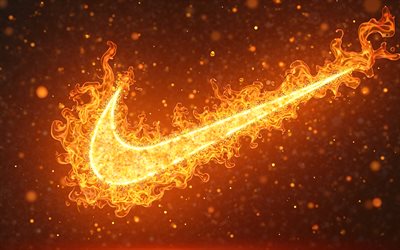 Nike fire logo, 4k, bokeh, fire art, orange fire backgrounds, Nike 3D logo, Nike metal logo, creative, Nike fiery logo, Nike logo, fashion brands, Nike
