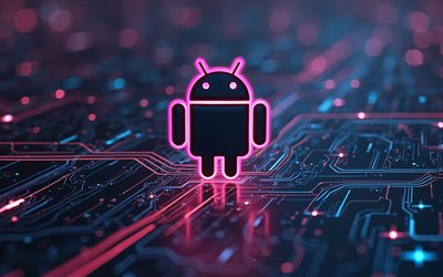 logo android, 4k, luce neon viola, logo luminoso android, emblema android, background tecnologico, android