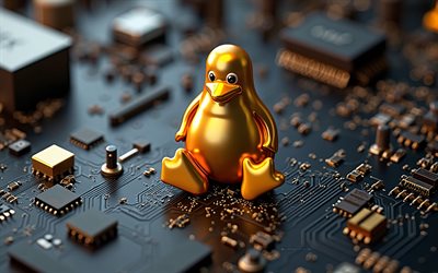 Linux 3d golden logo, Linux, 4k, black motherboard, Linux sign, Linux logo, Linux emblem, black technology background, background with Linux logo, golden Linux penguin
