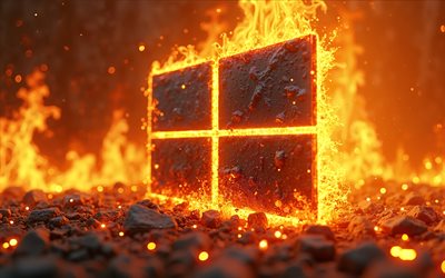 Windows 10 fire logo, 4k, bokeh, fire art, orange fire backgrounds, Windows 10 3D logo, Windows 10 stone logo, creative, Windows 10 fiery logo, Windows 10 logo, OS brands, Windows 10