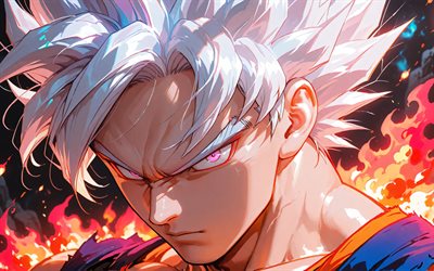 ultra instinto goku, 4k, ojos morados, de cerca, bola de dragón, arte 3d, incendio, migatte no gokui, ultra instinto dominado, dragon ball super, hijo goku, super saiyan dios, dbs