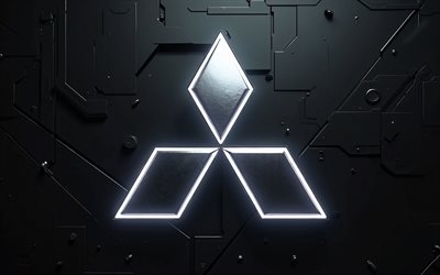 Mitsubishi white neon logo, 4k, creative, black metal backgrounds, cars brands, Mitsubishi neon logo, artwork, Mitsubishi 3D logo, brands, Mitsubishi logo, Mitsubishi