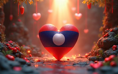 4k, amo a laos, bokeh, antecedentes de la naturaleza 3d, día de laos, bandera de laos, corazón con bandera laosiana, corazones 3d, bandera laosia, laos, amor por laos