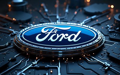 logo ford metal, 4k, bokeh, sfondi meccanici neri, marchi di auto, logo ford 3d, creativo, logo ford, guado