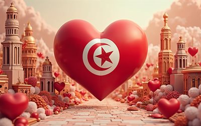 4k, amo túnez, bokeh, antecedentes de paisaje urbano 3d, arte 3d, creativo, día de túnez, bandera de túnez, corazón con bandera tunecina, corazones 3d, bandera tunecina, túnez, amor por túnez