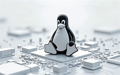 linux 3d gold logo, 4k, placa  mãe branca, logotipo linux, emblema linux, antecedentes da tecnologia branca, linux 3d penguin, linux, antecedentes com o logotipo do linux, emblema 3d linux