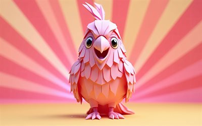 만화 핑크 앵무새, 4k, 종이 접기, 만화 동물, 분홍색 배경, 3d 아트, 종이 접기 동물, 핑크 앵무새, 종이 접기 핑크 칸 카토, 앵무새, 미니멀리즘, 종이 접기 앵무새