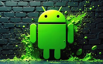 شعار android 3d, 4k, الأسود بريكوال, بقع الطلاء الأخضر, العلامات التجارية, مبدع, شعار os, شعار android, العمل الفني, android