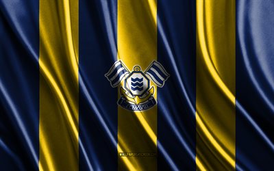 4k, FC Imabari logo, J2 League, yellow blue silk texture, FC Imabari flag, Japanese football club, soccer, silk flag, FC Imabari emblem, Japan, FC Imabari badge, FC Imabari