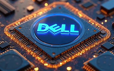 Dell 3d blue logo, 4k, golden motherboard, Dell sign, Dell logo, Dell emblem, golden technology background, Dell, background with Dell logo, Dell 3d logo