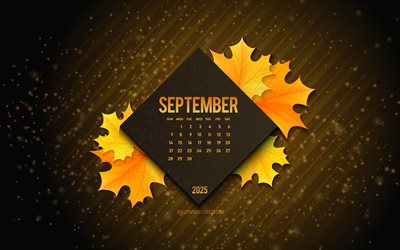 2025 calendario de septiembre, 4k, fondo negro con hojas amarillas, calendario de septiembre 2025, fondo de otoño, 2025 calendarios, calendario de septiembre de 2025, septiembre