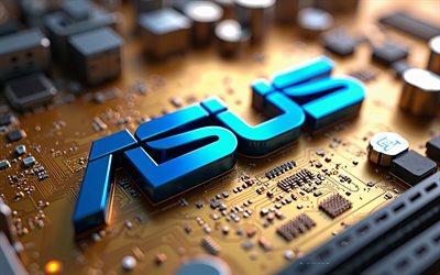 Asus 3d blue logo, 4k, golden motherboard, Asus sign, Asus logo, Asus emblem, golden technology background, Asus, background with Asus logo, Asus 3d logo