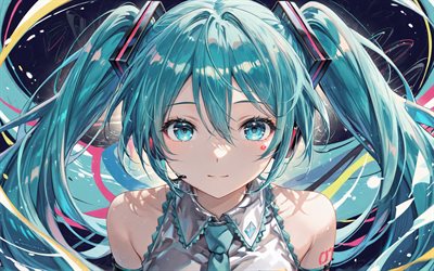 4k, hatsune miku, antecedentes abstractos, vocaloide, cabello turquesa, vocaloid 01, miku hatsune, cv01, personajes vocaloides, hatsune miku vocaloid