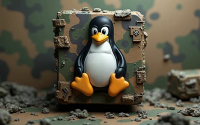 4k, linux camouflage  logotyp, 3d  konst, kreativ, kamouflagebakgrund, märke, linux militärlogotyp, os  varumärken, linux 3d  logotyp, grönkamouflage, konstverk, linux  logotyp, linux