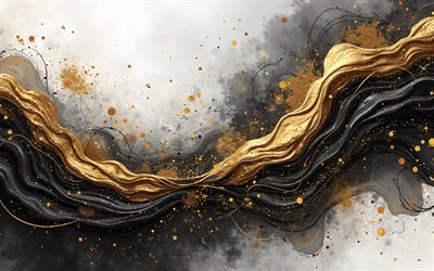 black gold elegant background, 4k, black gold lines background, grunge art, 3d gold paint background, black gold luxury background, gold waves, gold lines