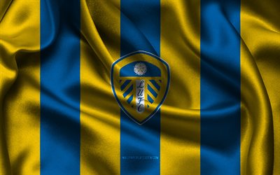 4k, Leeds United logo, yellow blue silk fabric, English football team, Leeds United emblem, Premier League, Leeds United, England, football, Leeds United flag