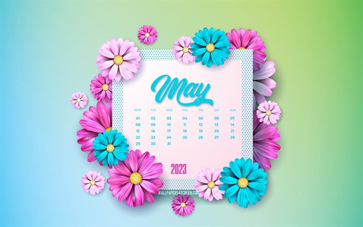 4k, تقويم مايو 2023, زهور الربيع الأزرق الأرجواني, 2023 مايو التقويم, خلفية زرقاء خضراء, نمط الزهور, قد, تقويم ربيع عام 2023, 2023 مفاهيم