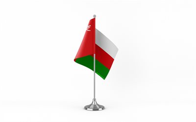 4k, drapeau de table oman, fond blanc, drapeau oman, drapeau de table d'oman, drapeau d'oman sur bâton de métal, drapeau d'oman, symboles nationaux, oman