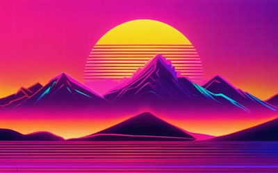 4k, paisajes abstractos, creativo, luna, noche, montañas, arte de microondas, sintetizador futuro, microondas, fondos de naturaleza abstracta, paisajes de microondas, playa de microondas