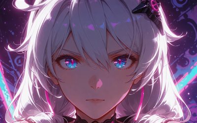 kiana kaslana, 4k, fondo violeta grunge, ojos azules, impacto houkai 3º, retrato, manga, impacto houkai 3er personajes, protagonista, kiana kaslana houkai impacto 3º