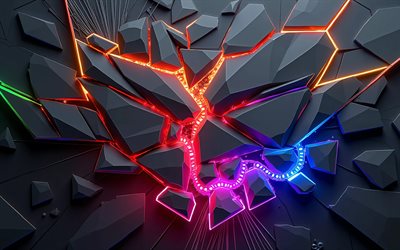luces de neón de colores, 4k, fragmentos 3d negros, patrón geométrico fragmentado, creativo, fondo oscuro 3d, obra de arte, fondo abstracto oscuro, formas, fondos 3d, rayos de neón de colores, patrones de piedra
