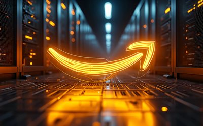 logo lumineux d'amazon, 4k, obscurité, bokeh, commerce électronique, racks de centre de données, oeuvre d'art, logo néon jaune amazon, logo des marques, logo amazone, logo néon amazon, amazone, marques, logo jaune amazone