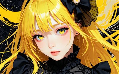 mayu, 4k, abstrakte kunst, gelber schwarzer grunge hintergrund, vocaloid, kunstwerk, vocaloid3, vocaloid charaktere, manga, mayu vocaloid