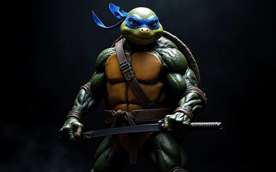 4k, léonard sur fond noir, lion, tortues ninja adolescentes mutantes, léonard, super héros, léonard tmnt, personnages populaires, fond noir, obscurité, tmnt, personnage de léonard, tortue ninja léonard