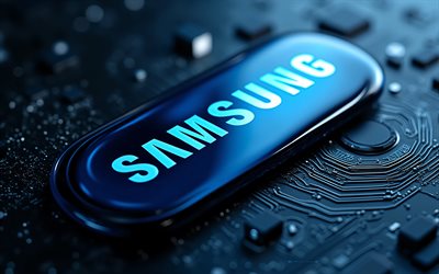logotipo azul de samsung, 4k, fondo de tecnología azul, emblema de samsung, logotipo 3d azul de samsung, signo de samsung, placa base azul, signo azul de samsung, logotipo de samsung, samsung