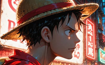 monkey d luffy, calle, una pieza, luces de neón, quinta marcha, manga, minimalismo, arte abstracto, personajes de una pieza, engranaje 5, obra de arte, gomu gomu no mi, mono d luffy una pieza