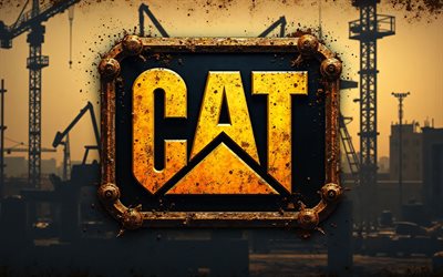 4k, Caterpillar grunge logo, artwork, metal plate, construction, Caterpillar metal logo, brands, yellow metal background, construction equipment, Caterpillar logo, Caterpillar, CAT logo, CAT