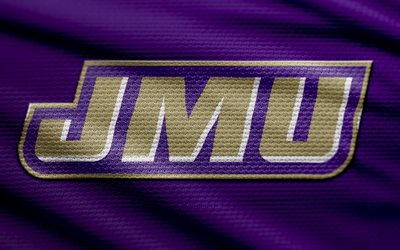 제임스 매디슨 듀크스 패브릭 로고, 4k, 보라색 패브릭 배경, ncaaf, 보케, 미식 축구, 제임스 매디슨 듀크스 로고, ncaa, 제임스 매디슨 듀크스 엠블럼, 태양 벨트, 제임스 매디슨 듀크스
