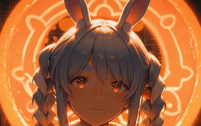 4k, usada pekora, anillos de neón naranja, oscuridad, youtuber virtual, retrato, zanahorias, vtuber, creativo, hololive, manga, canal usada pekora, youtuber virtual usada pekora