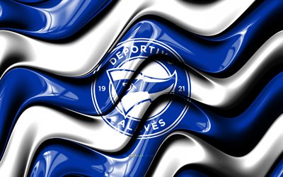 logo 3d du deportivo alavés, 4k, vagues 3d blanches bleues, liga, football, drapeau du deportivo alavés, créatif, logo du deportivo alavés, deportivo alavés, la liga, club de football espagnol, deportivo alavés fc