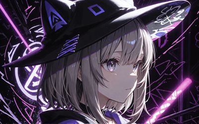 4k, Neneko Mashiro, black hat, darkness, Virtual YouTuber, purple neon lights, artwork, VTuber, girl with blue eyes, Neneko Mashiro StelLive, manga, StelLive channel, StelLive Virtual YouTuber