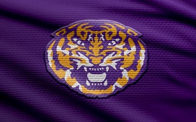 logo en tissu des tigres lsu, 4k, fond de tissu violet, ncaaf, bokeh, football américain, logo des tigres de lsu, ncaa, emblème des tigres lsu, seconde, tigres du lsu
