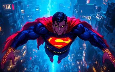superman volant, 4k, art vectoriel, paysage nocturne, marvel bandes dessinées, super héros, dessins de superman, créatif, superman, art abstrait, superman 4k