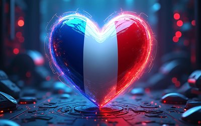 4k, I Love France, bokeh, digital art, darkness, creative, Day of France, flag of France, heart with french flag, 3D hearts, french flag, France, Love for France