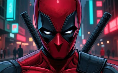 dead pool, 4k, arte de dibujos animados, cómics marvel, paisaje nocturno, superhéroes, obra de arte, arte de deadpool, creativo, de cerca, consorcio inactivo 4k