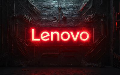 4k, lenovo rotes neonlogo, nacht, kreativ, schwarzer brickwall hintergrund, marken, lenovo neon logo, drähte, elektronik, lenovo logo, lenovo 3d logo, lenovo
